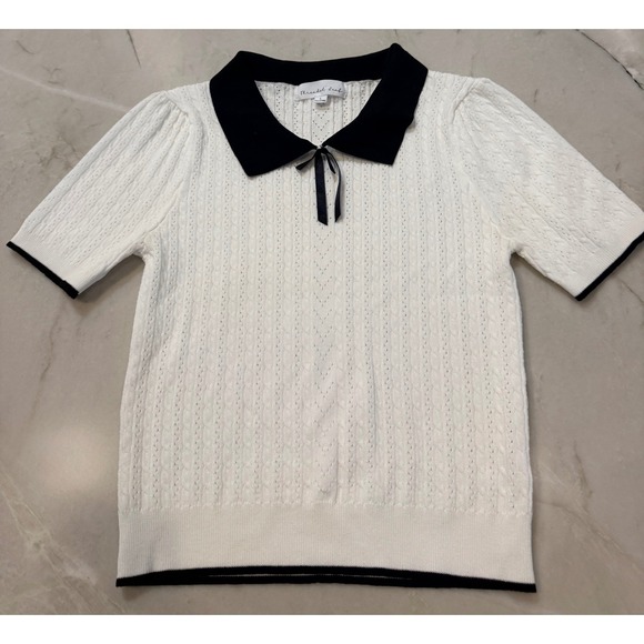 Threaded Leaf Sweaters - Pointelle White Cable Knit Puff Sleeve Sweater Black Collar Bow Sz Small Sm 170